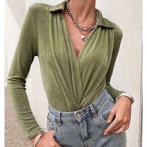 Green bodysuit, women’s long sleeve soft collared top